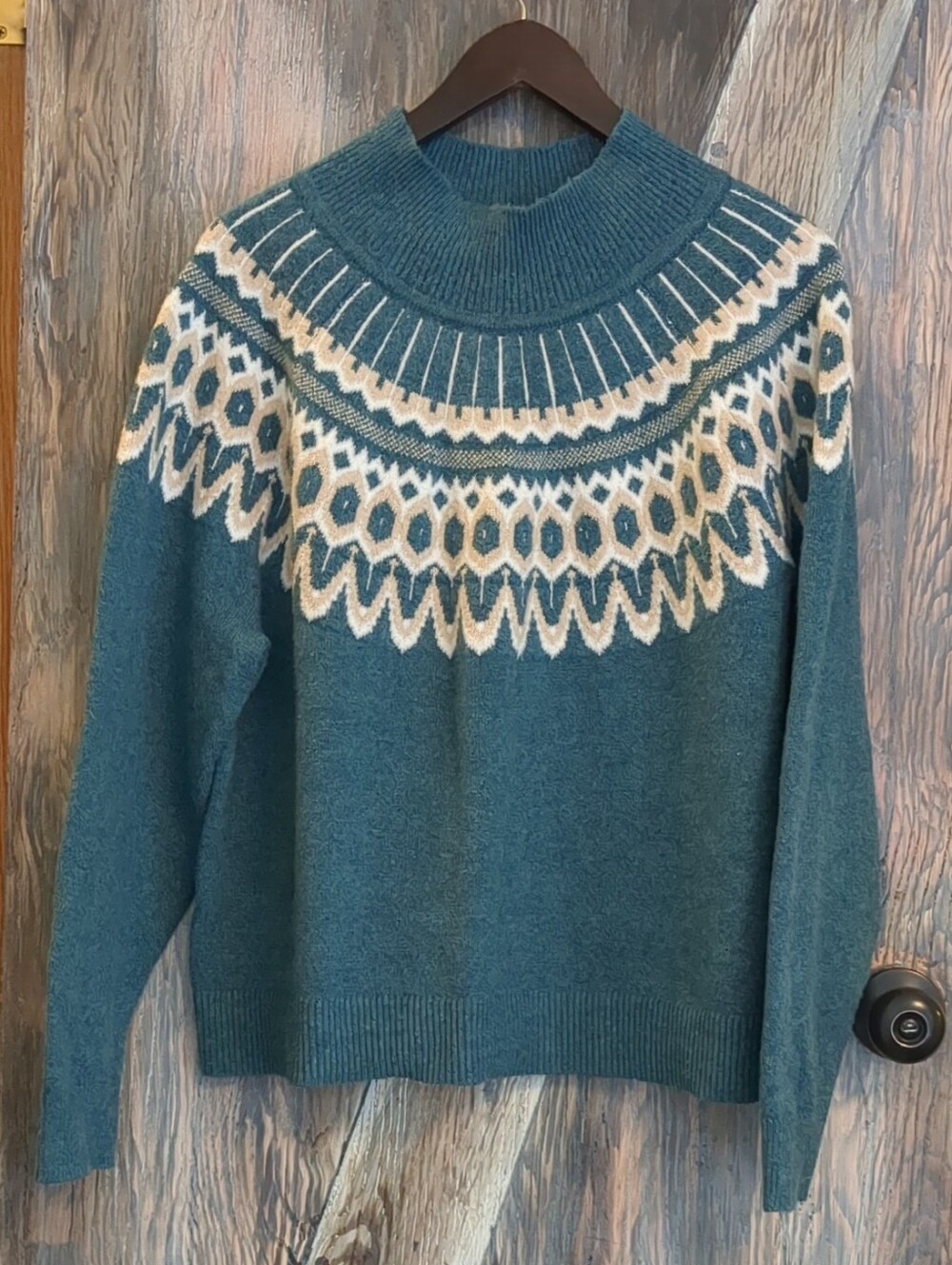LOFT Teal Blue Fair Isle Nordic Mock Neck Knit Sweater
